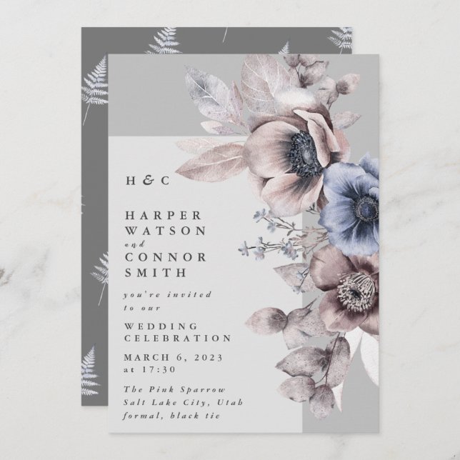 Invitación Boda floral de invierno gris claro y moderno (Anverso / Reverso)