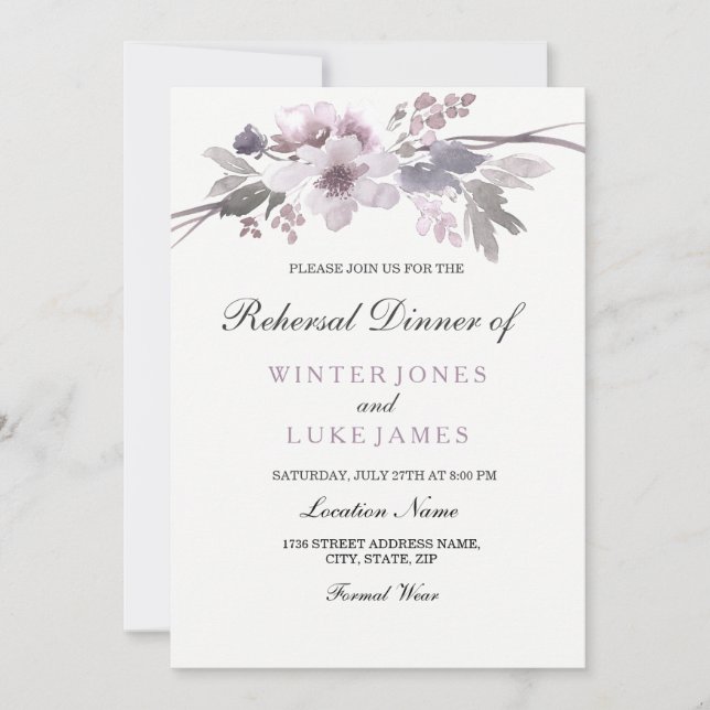 Invitación Boda floral de invierno morado gris para la cena (Anverso)