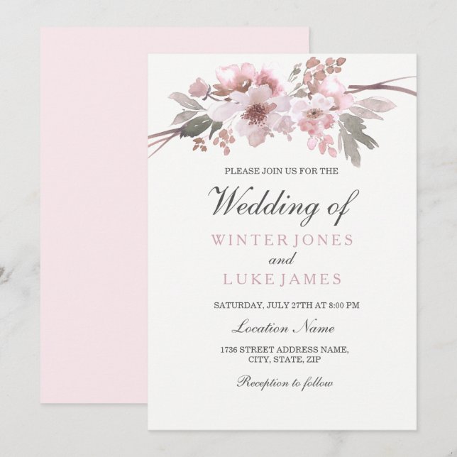 Invitación Boda floral de invierno rosa y gris de Rubor (Anverso / Reverso)