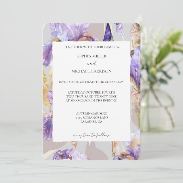 Invitación Boda floral de iris morado romántico (Anverso de pie)