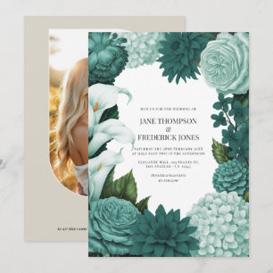 Invitación Boda floral de Jade Haze, Alpine Teal y Snow Mint