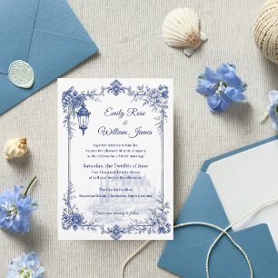 Invitación Boda floral de jardín chinoiserie blanco azul