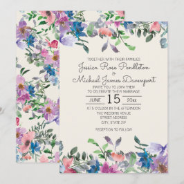 Invitación Boda floral de jardín con acuarela rosa y púrpura