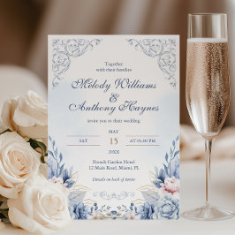 Invitación Boda Floral de Jardín Francés Azul Polvoriento