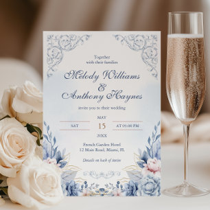 Invitación Boda Floral de Jardín Francés Azul Polvoriento