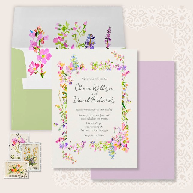 Invitación Boda floral de jardín romántico (Garden Wildflowers Watercolor Wedding Invitation Suite.)