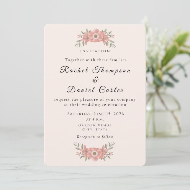 Invitación Boda floral de jardín rosa personalizada (Anverso de pie)