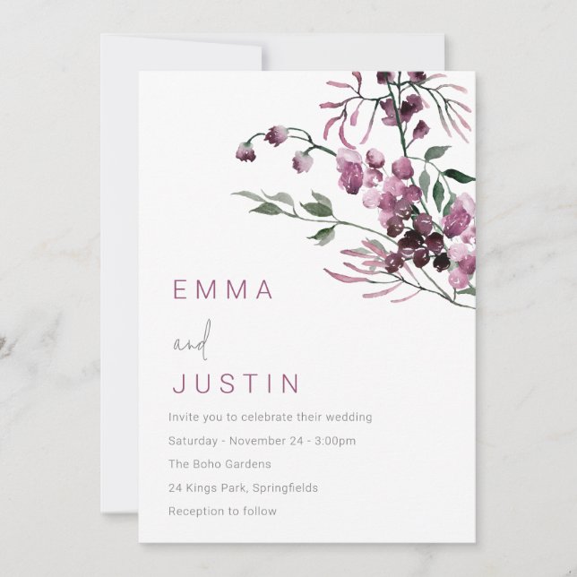 Invitación Boda floral de jazmín de lavado morado (Anverso)