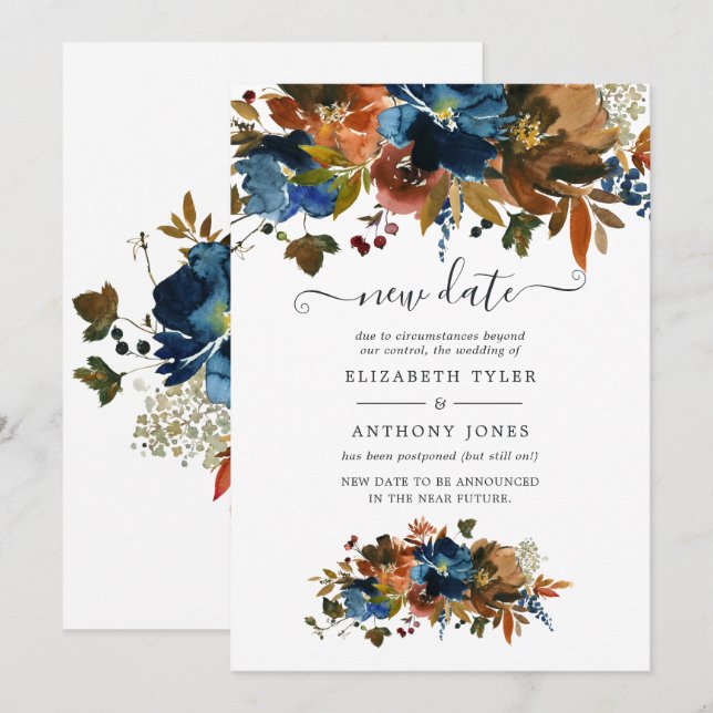 Invitación Boda floral de jengibre y marina nueva fecha (Anverso / Reverso)