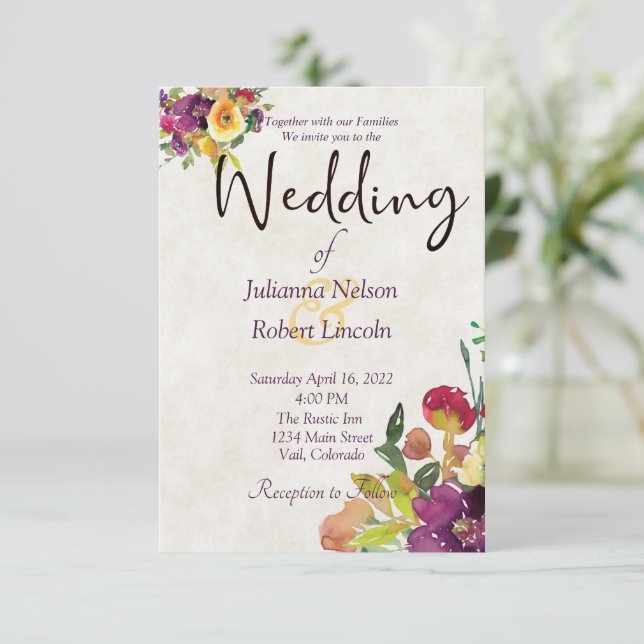 Invitación Boda floral de la acuarela borgoñona y amarilla (Anverso de pie)