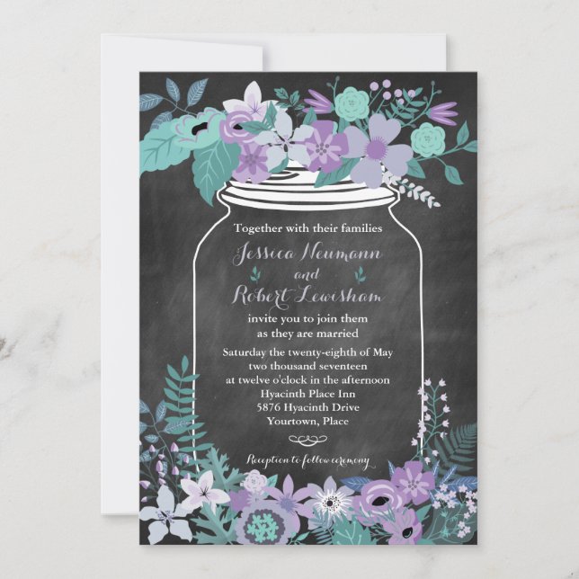 Invitación Boda floral de la aguamarina púrpura del tarro de (Anverso)