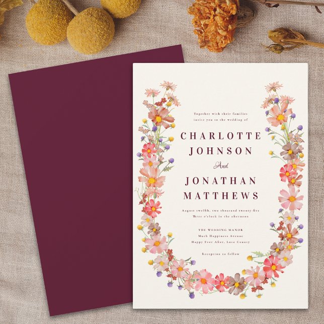 Invitación Boda Floral de la caída de Borgoña (Burgundy fall floral wedding invitation boho watercolor wildflower wreath)