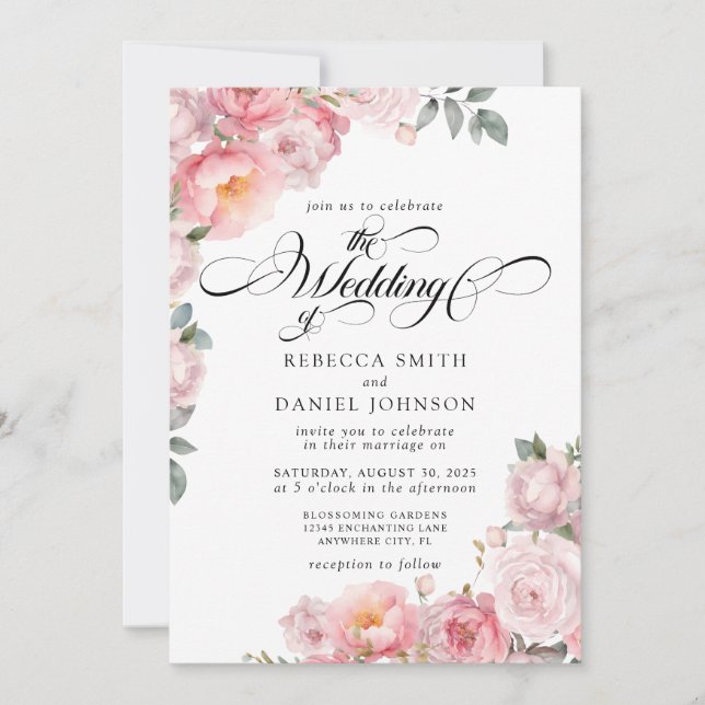 Invitación Boda floral de la caligrafía rosa rosada romántica (Anverso)