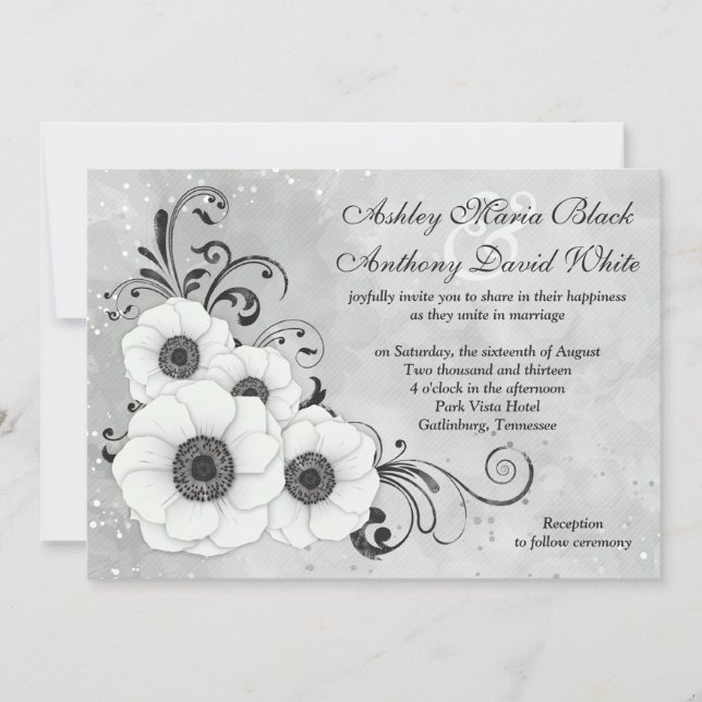 Invitación Boda floral de la flor de anémona negra blanca (Anverso)