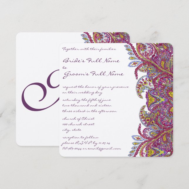 Invitación Boda floral de la frambuesa de oro rosa Paisley Da (Anverso / Reverso)