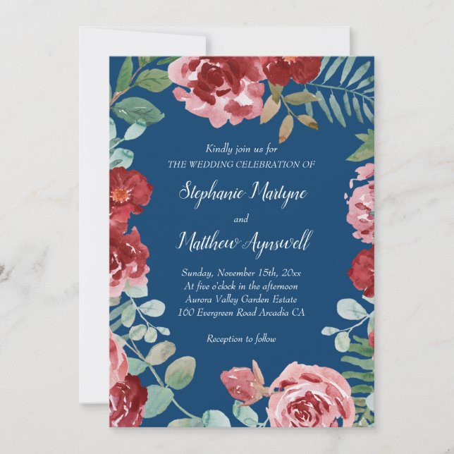 Invitación Boda floral de la Marina Azul de Borgoña (Anverso)