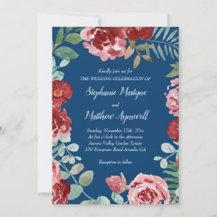 Invitación Boda floral de la Marina Azul de Borgoña