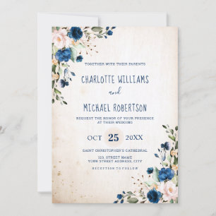 Invitación Boda floral de la Marina Azul Rosa de Rubor en el 