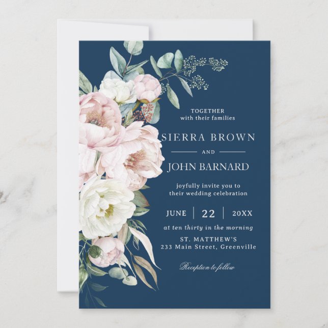 Invitación Boda Floral de la Marina Azul Rubor de moda Peonie (Anverso)