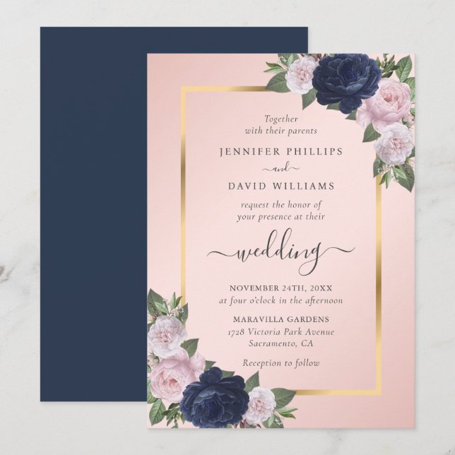 Invitación Boda floral de la Marina Azul Rubor Gold (Anverso / Reverso)