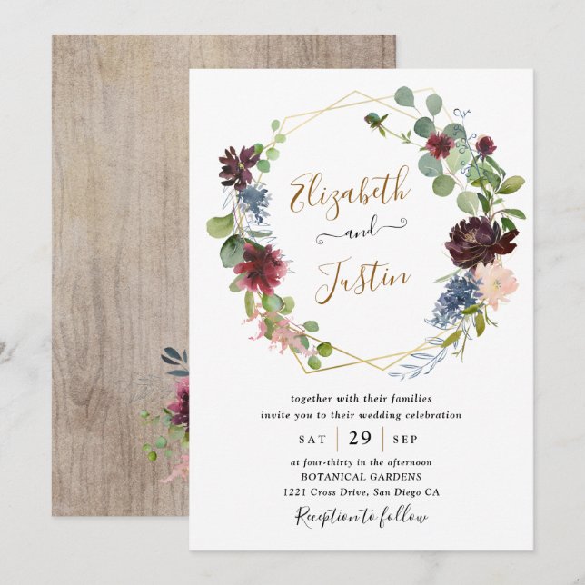 Invitación Boda floral de la Marina Borgoña (Anverso / Reverso)