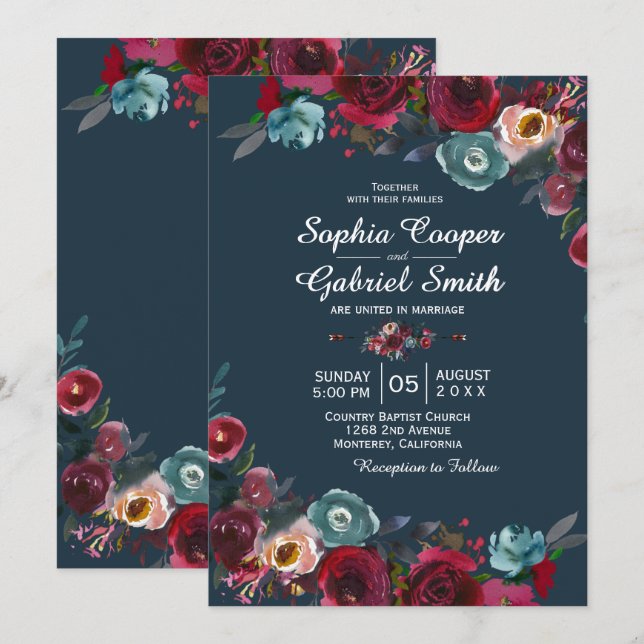 Invitación Boda floral de la Marina Borgoña Botánica Moderna (Anverso / Reverso)