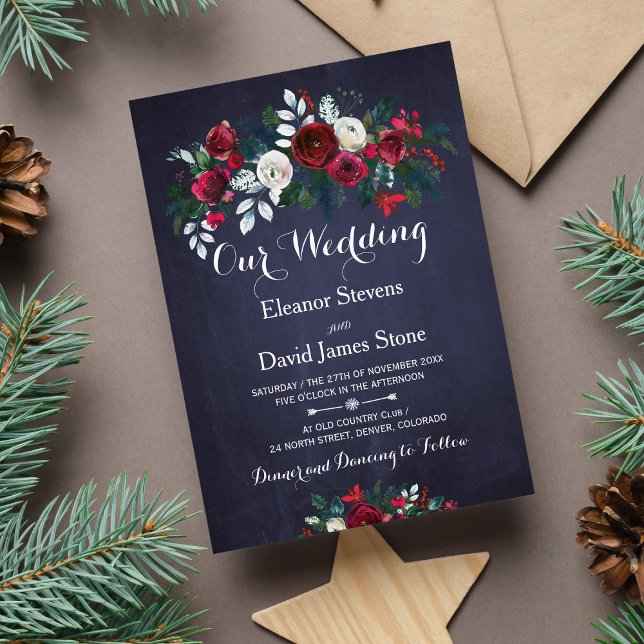 Invitación Boda floral de la Marina Borgoña Roja de invierno  (Subido por el creador)