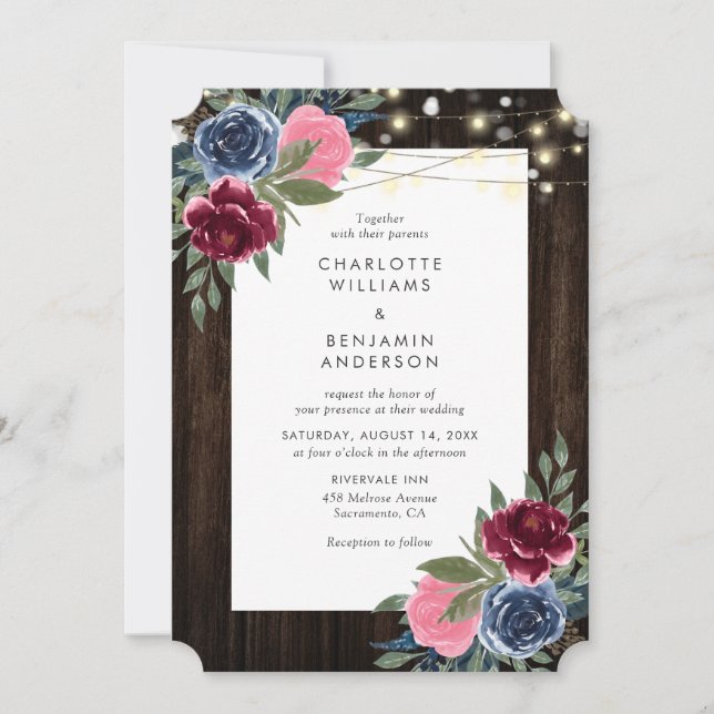 Invitación Boda floral de la Marina Borgoña rosa rosa azul de (Anverso)