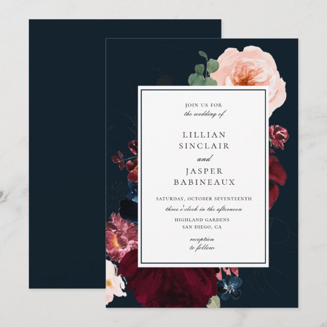 Invitación Boda floral de la Marina Borgoña Rubor Fall (Anverso / Reverso)