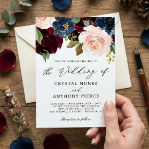 Invitación Boda floral de la Marina Borgoña, simple y lujoso