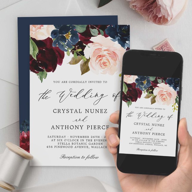 Invitación Boda floral de la Marina Borgoña, simple y lujoso (Subido por el creador)