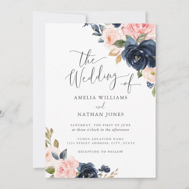 Invitación Boda floral de la Marina de Rubor moderna (Anverso)