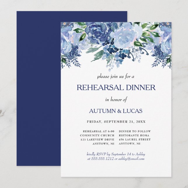 Invitación Boda floral de la marina Dusty Blue Enhearner (Anverso / Reverso)