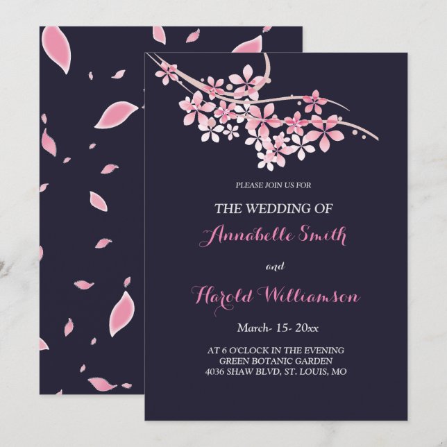 Invitación Boda floral de la marina rosa (Anverso / Reverso)