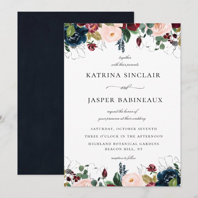 Invitación Boda floral de la Marina Rubor Burgundy (Anverso / Reverso)
