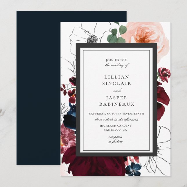 Invitación Boda floral de la Marina Rubor de Borgoña (Anverso / Reverso)