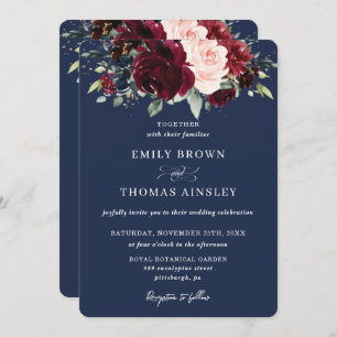 Invitación Boda floral de la Marina Rusa Azul Rubor Borgoña