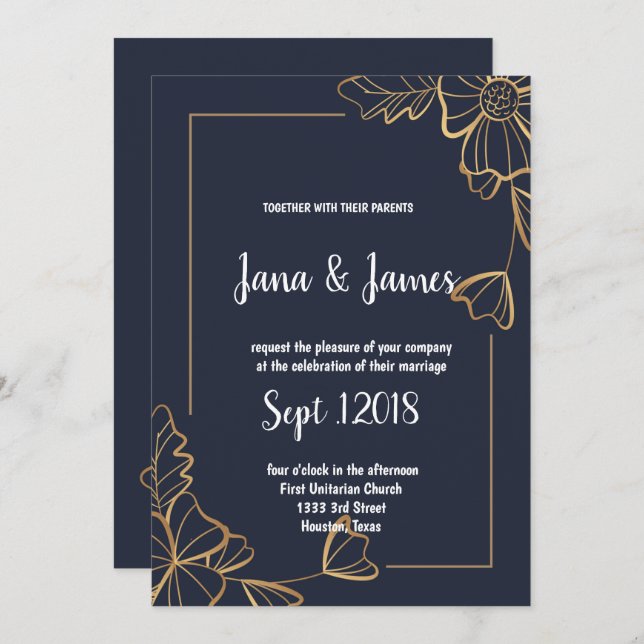 Invitación Boda floral de la marina y de oro (Anverso / Reverso)