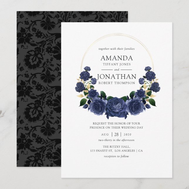 Invitación Boda floral de la marina y el oro (Anverso / Reverso)