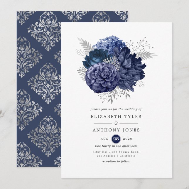 Invitación Boda floral de la marina y la plata (Anverso / Reverso)