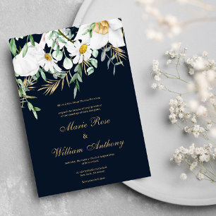 Invitación Boda floral de la menta azul marino de oro blanco