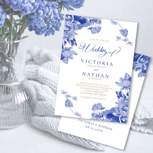 Invitación Boda floral de la moderna Chinoiserie azul de époc