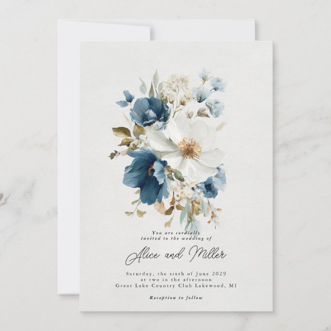 Invitación Boda floral de la pintura azul y blanca (Anverso)