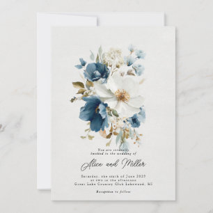 Invitación Boda floral de la pintura azul y blanca