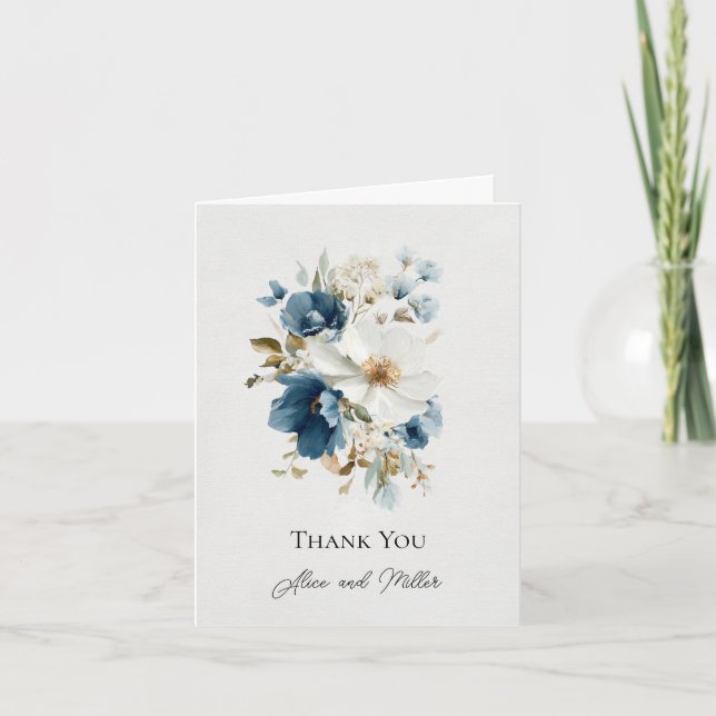 Invitación Boda floral de la pintura azul y blanca Gracias (Anverso)