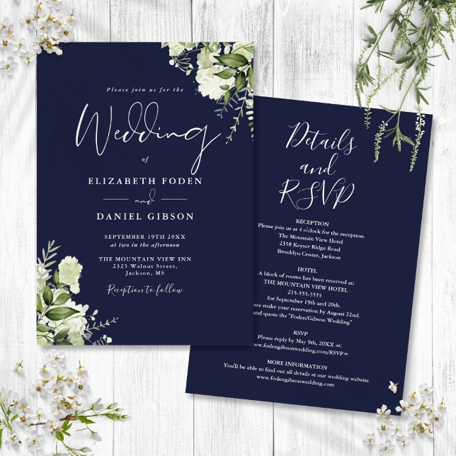 Invitación Boda Floral De La Vegetación Azul De La Marina (All In One Navy Blue Greenery Floral Wedding Invitation)