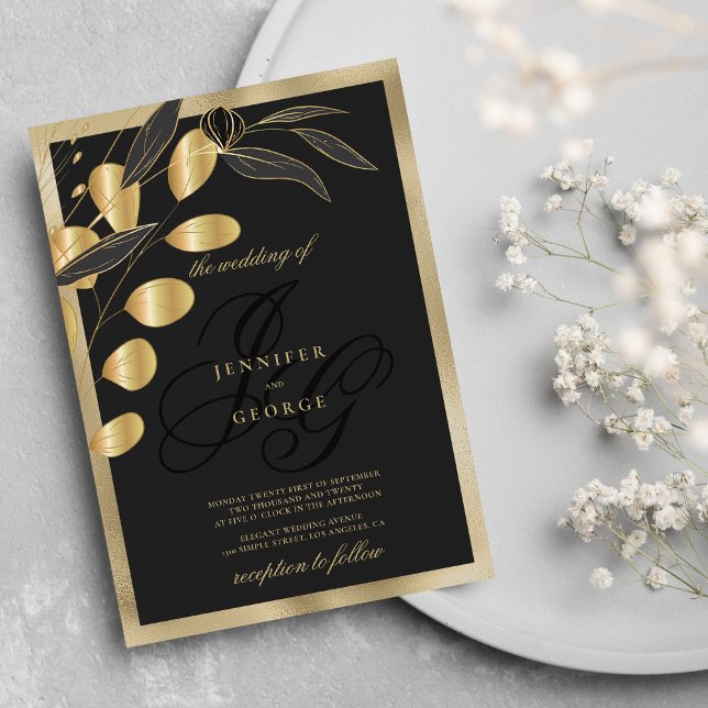 Invitación Boda floral de las iniciales del monograma dorado  (Glam black gold monogram initials floral wedding)