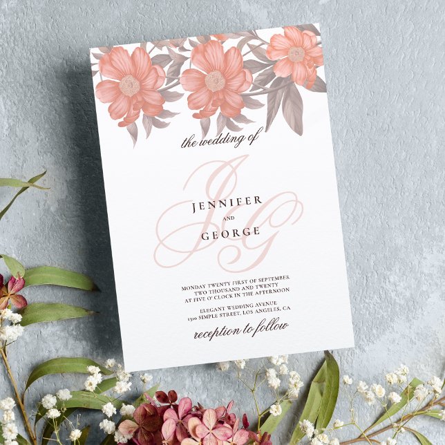 Invitación Boda floral de las iniciales del monograma gris su (Coral soft gray monogram initials floral wedding)