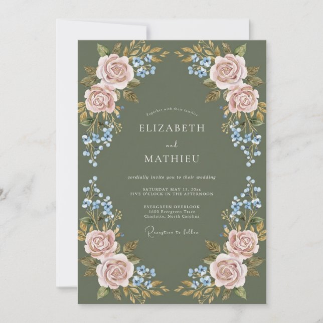 Invitación Boda Floral de Laurel Rosa Polvorienta (Anverso)
