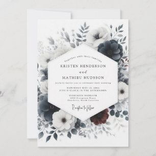 Invitación Boda floral de lavado de tinta azul polvoriento
